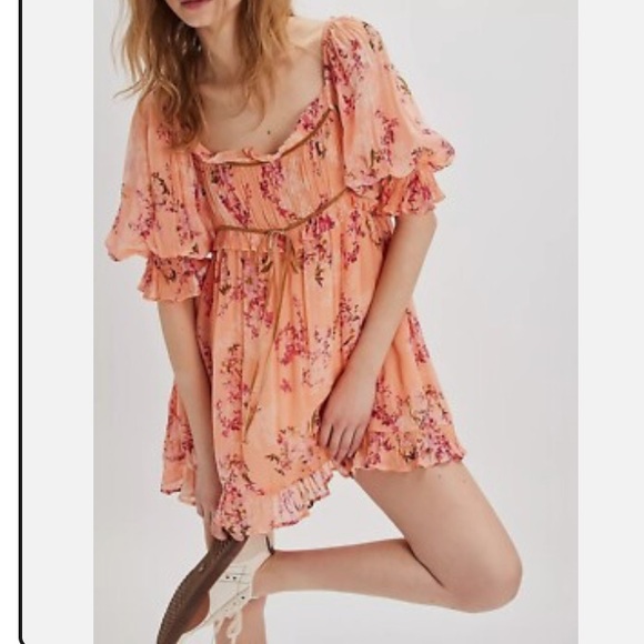 NWOT Free People Marney Mini Dress Floral Printed Puff Sleeve Ribbon Ruffle S - Picture 2 of 8
